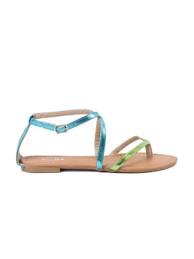 Płaskie sandałki z zielono niebieskimi paseczkami