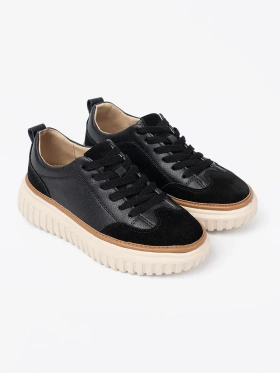 Czarne sneakersy skórzane na beżowej platformie Sergio Leone