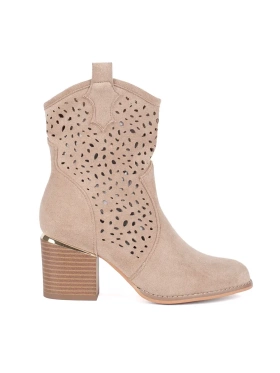 Beige Lacy Cowgirl Ankle Boots with Block Heel