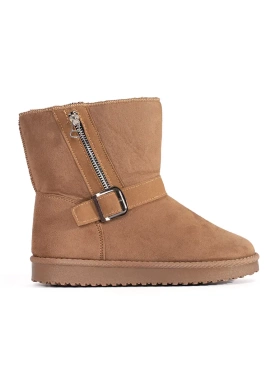 Beige Snow Boots with Decorative Buckle and Zipper