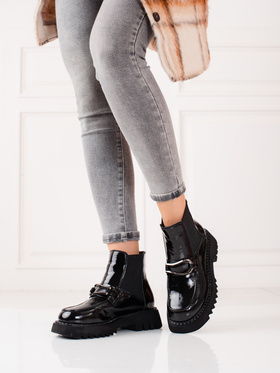 Glossy Black Leather Platform Ankle Boots