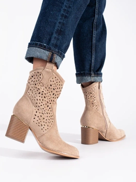 Beige Lacy Cowgirl Ankle Boots with Block Heel