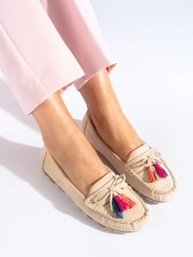 Boho Suede Loafers with Tassels in Beige