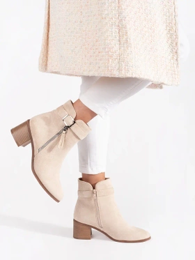 Light Beige Suede Heeled Ankle Boots