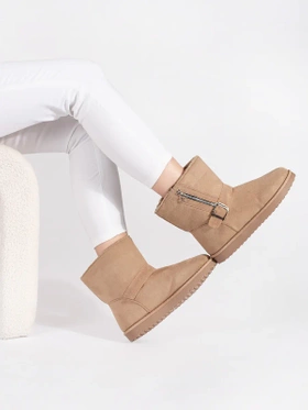 Light Beige Snow Boots with Decorative Buckle and Zipper