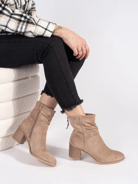 Beige Suede Ankle Boots with Ruched Upper