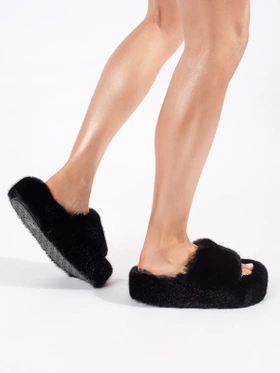 Black Furry Platform House Slippers