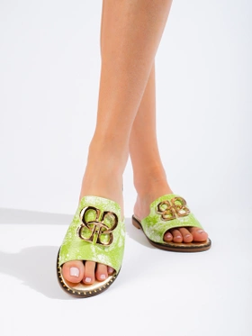 Green Slip-On Sandals with Gold Accent