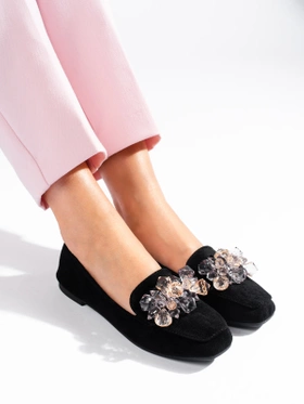 Black Suede Loafers with Decorative Crystals