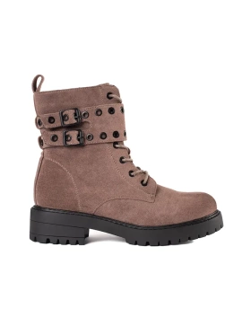 Lace-Up Dark Beige Boots with Buckles