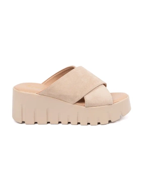 Beige women's suede wedge sandals