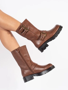 Brown Leather Platform Ankle Boots with Straps by Sergio Leone