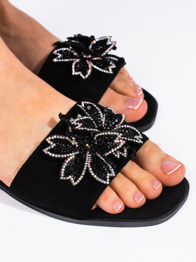 Black Slide Sandals with Embellishment