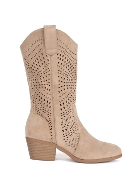 Chic Beige Laser-Cut Cowboy Boots