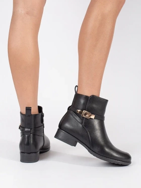 Black Ankle Boots with Decorative Strap and Low Heel