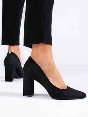 Black Suede Chunky Heel Pumps by Sergio Leone