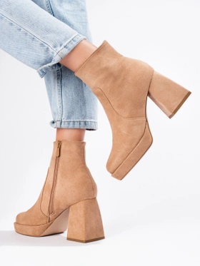 Beige Ankle Boots with Wide Block Heel