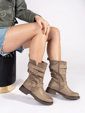 Beige Low-Heel Ankle Boots with Buckles