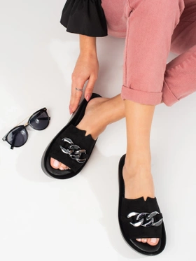 Black Platform Slides with Chain Detail