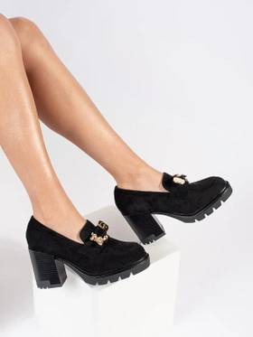 Black Suede Heeled Loafers with Metallic Detailing