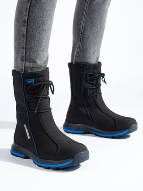 Black and Blue Softshell Snow Boots with Faux Fur Trim