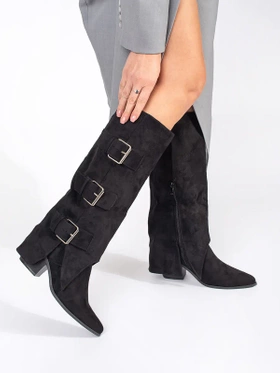 Black Suede Buckle Heeled Boots