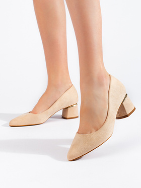 Suede Beige Low-Heel Pumps