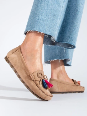 Light Beige Suede Boho Loafers with Tassels