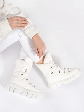 White Lace-Up Fur-Trimmed Platform Snow Boots