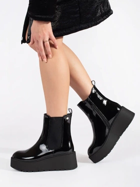 Black Patent Leather Wedge Ankle Boots