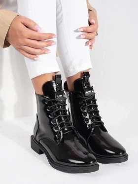 Lace-up black ankle boots made from patent faux leather