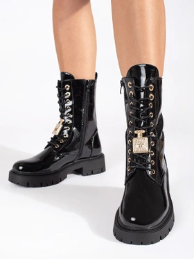 Glossy Black Platform Lace-Up Boots with Charm Accents