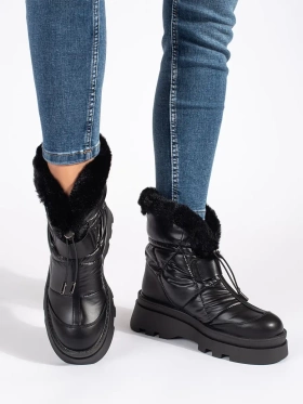 Black Platform Snow Boots with Black Faux Fur Trim