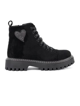 Black lace-up ankle boots with a shiny heart