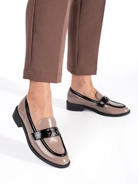 Beige and Black Patent Loafers