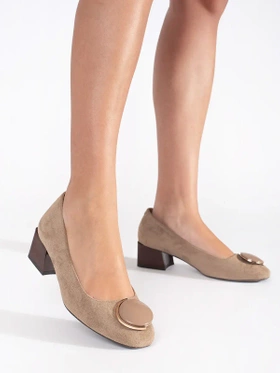 Beige Suede Heels with Decorative Accent