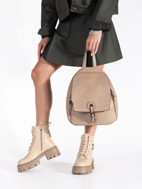 Beige Leather Ankle Boots with Chunky Sole