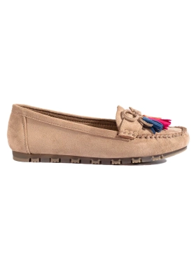 Light Beige Suede Boho Loafers with Tassels