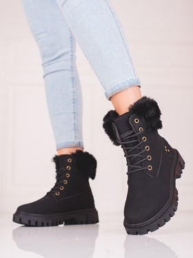 Black Ankle Boots with Faux Fur Trim