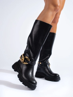 Black Chain-Detail Faux Leather Boots