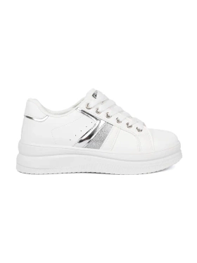White Sneakers with Metallic Silver Accent