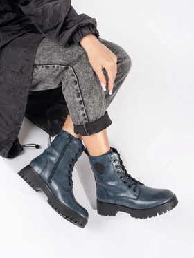 Navy Lace-Up Leather Platform Boots by Sergio Leone