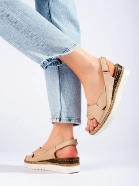 Beige Leather Low Wedge Sandals by Potocki