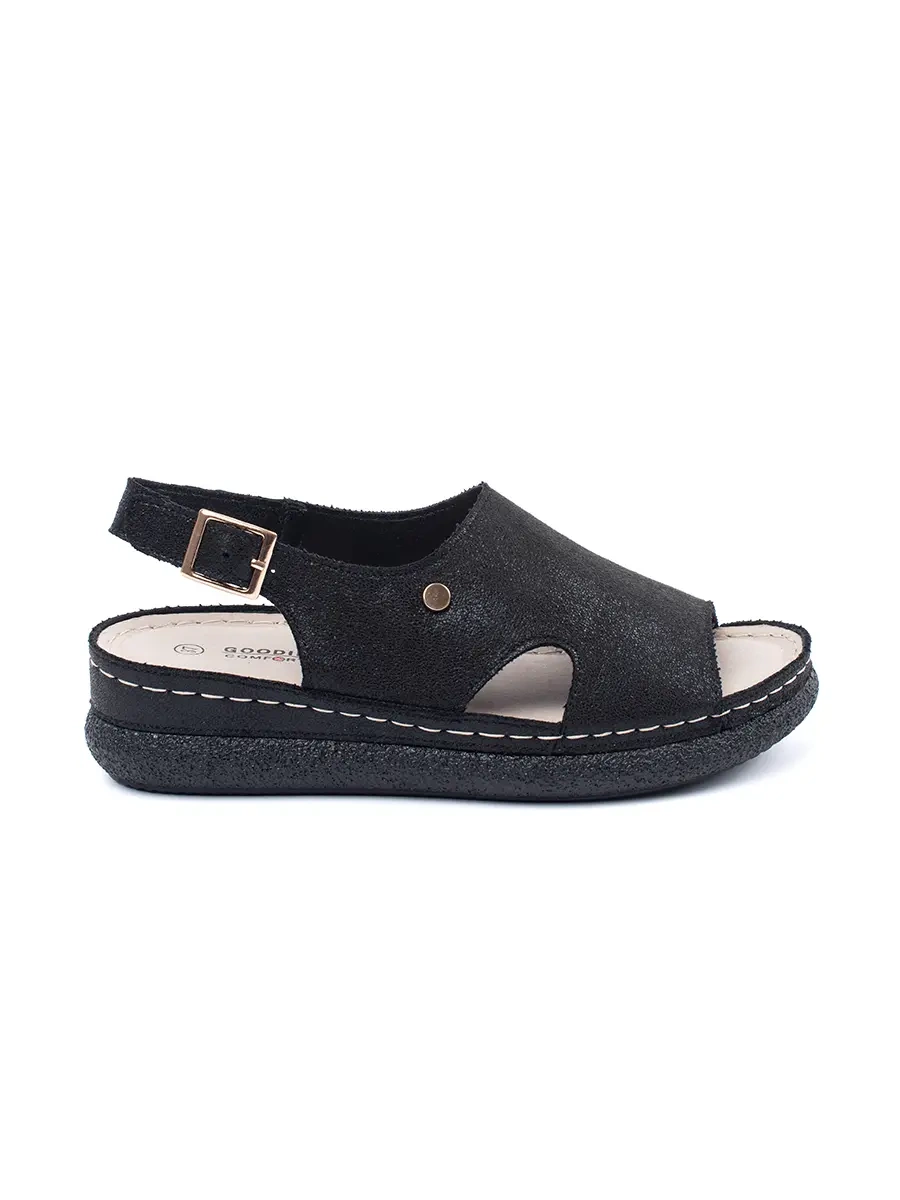 Black flat buckle sandals