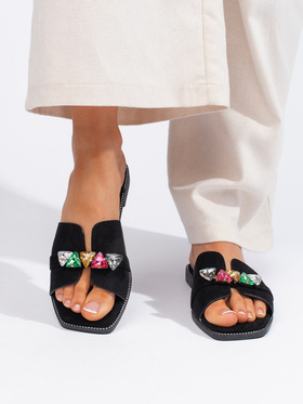 Black Slip-On Sandals with Sparkling Stones