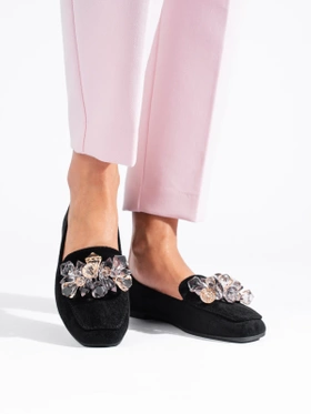 Black Suede Loafers with Decorative Crystals