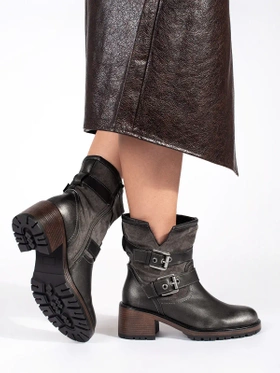 Chocolate Metallic Ankle Boots with Buckles on Heels