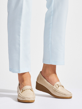 Beige Wedge Loafers with Gold Embellishment