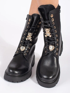 Black Lace-Up Platform Ankle Boots with Pins