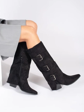 Black Suede Buckle Heeled Boots